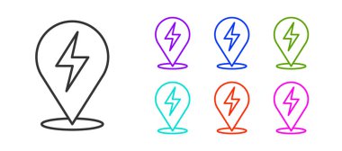 Siyah çizgi Şimşek simgesi beyaz arkaplanda izole edildi. Flaş ikonu. Flaş ikonunu yükle. Gök gürültüsü. Yıldırım çarpması. Simgeleri renklendirin. Vektör.