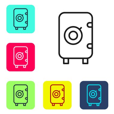 Siyah çizgi güvenli simgesi beyaz arkaplanda izole edildi. Kapı, şifreli bir banka kasası. Güvenilir Veri Koruma. Renkli kare düğmelerle simgeleri ayarla. Vektör.