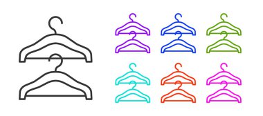 Siyah çizgi elbise askısı ikonu beyaz arka planda izole edildi. Vestiyer ikonu. Kıyafet servis sembolü. Çamaşır askı tabelası. Simgeleri renklendirin. Vektör.