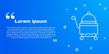 Mavi arka planda izole edilmiş bir tepsi yiyecek ikonu ile kaplanmış beyaz çizgi. Tepsi ve kapak işareti. Kapaklı bir restoran saati. Vektör.