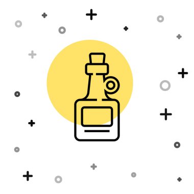 Siyah çizgili alkol, beyaz arka planda izole edilmiş rom şişesi ikonu. Rastgele dinamik şekiller. Vektör.