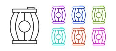 Siyah çizgi barut namlusu ikonu beyaz arka planda izole edildi. TNT dinamit ahşap fıçı. Simgeleri renklendirin. Vektör.