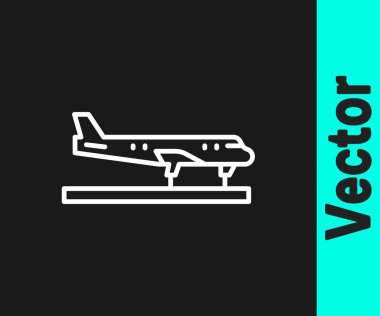 Beyaz çizgi düzlem simgesi siyah arkaplanda izole edildi. Uçan uçak ikonu. Uçak tabelası. Vektör.