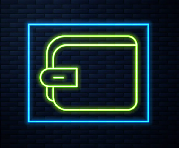 Glödande Neon Linje Plånbok Ikon Isolerad Tegel Vägg Bakgrund Handväska — Stock vektor