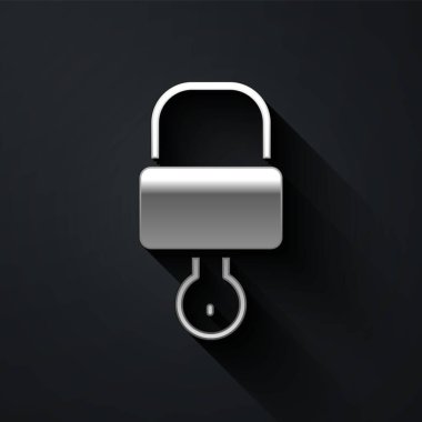 Gümüş Kilit ve anahtar simgesi siyah arkaplanda izole edildi. Asma kilit işareti. Güvenlik, güvenlik, koruma, gizlilik kavramı. Uzun gölge tarzı. Vektör İllüstrasyonu.
