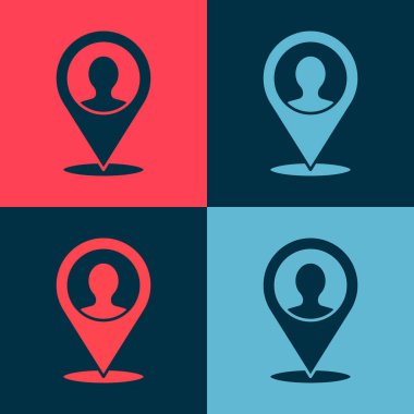 Renk arkaplanında izole edilmiş bir insan simgesinin silüeti olan pop sanat haritası işaretleyicisi. GPS konum sembolü. Vektör.