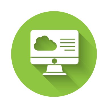 Beyaz Hava tahminleri ikonu uzun gölgeli izole edildi. Yeşil daire düğmesi. Vektör.