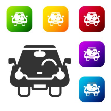 Siyah araba simgesi beyaz arkaplanda izole edildi. Ön manzara. Renkli kare düğmelerle simgeleri ayarla. Vektör.