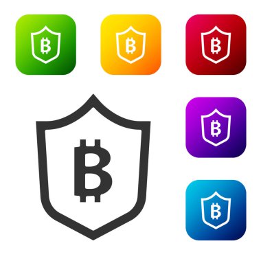 Beyaz zemin üzerinde bitcoin simgesi olan Siyah Kalkan. Kripto para madenciliği, engelleme teknolojisi, güvenlik, koruma, dijital para. Renkli kare düğmelerle simgeleri ayarla. Vektör.