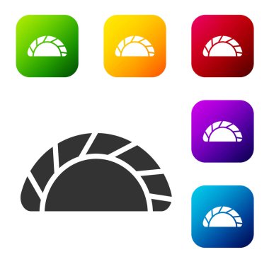 Beyaz arkaplanda siyah hamur ikonu izole edildi. Geleneksel Çin yemeği. Renkli kare düğmelerle simgeleri ayarla. Vektör.