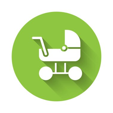 Beyaz Bebek puseti ikonu uzun gölgeli izole edilmiş. Bebek arabası, at arabası, bebek arabası, bebek arabası, tekerlek. Yeşil daire düğmesi. Vektör.