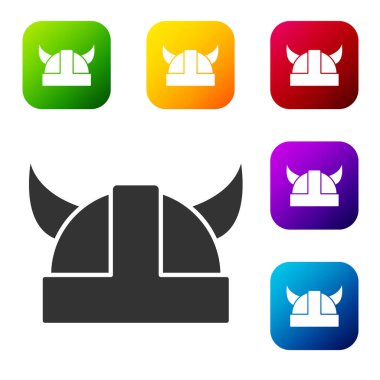 Siyah Viking boynuzlu miğfer ikonu beyaz arka planda izole edildi. Renkli kare düğmelerle simgeleri ayarla. Vektör.