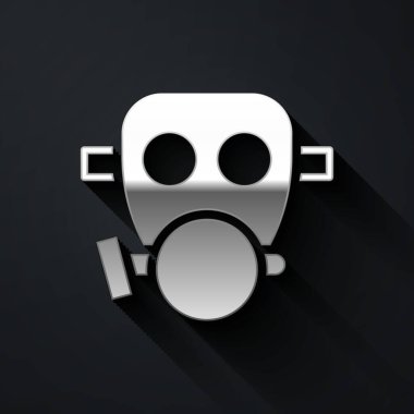 Gümüş Gaz maskesi simgesi siyah arkaplanda izole edildi. Solunum cihazı işareti. Uzun gölge tarzı. Vektör.