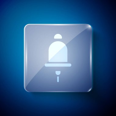Mavi arkaplanda beyaz zil simgesi izole edildi. Yangın alarmı. Servis zili, el zili işareti, uyarı sembolü. Kare cam paneller. Vektör.
