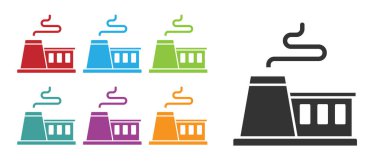 Siyah Fabrika simgesi beyaz arkaplanda izole edildi. Endüstriyel bina. Simgeleri renklendirin. Vektör.