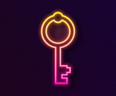 Parlayan neon hattı Eski anahtar simgesi siyah arkaplanda izole edildi. Vektör.