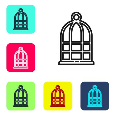Beyaz arka planda izole edilmiş kuş simgesi için siyah çizgi kafesi. Renkli kare düğmelerle simgeleri ayarla. Vektör.