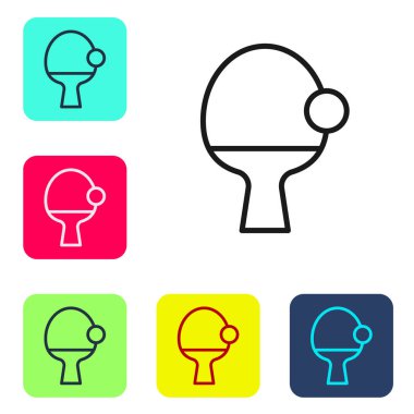 Masa tenisi ikonunu oynamak için siyah hat raketi beyaz arka planda izole edilmiş. Renkli kare düğmelerle simgeleri ayarla. Vektör.