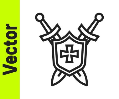 Siyah çizgi ortaçağ kalkanı ve beyaz arka planda izole edilmiş çapraz kılıç simgesi. Vektör.