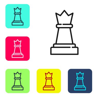 Siyah çizgi satranç simgesi beyaz arkaplanda izole edildi. İş stratejisi. Oyun, yönetim, finans. Renkli kare düğmelerle simgeleri ayarla. Vektör.