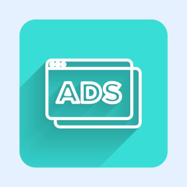 Beyaz çizgi reklam simgesi uzun gölgeli izole edildi. Pazarlama ve tanıtım süreci kavramı. İlgili reklamlar. Sosyal medya reklamcılığı. Yeşil kare düğmesi. Vektör.