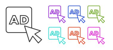 Beyaz arkaplanda siyah çizgi reklam simgesi izole edildi. Pazarlama ve tanıtım süreci kavramı. İlgili reklamlar. Sosyal medya reklamcılığı. Simgeleri renklendirin. Vektör.