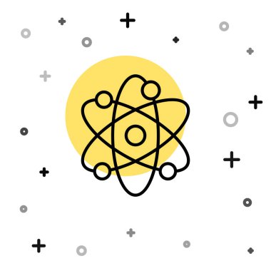 Siyah çizgi Atom simgesi beyaz arkaplanda izole edildi. Bilimin, eğitimin, nükleer fiziğin, bilimsel araştırmaların sembolü. Rastgele dinamik şekiller. Vektör.