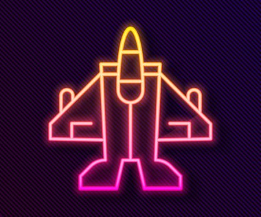 Parlayan neon hattı Jet savaş ikonu siyah arka planda izole edildi. Askeri uçak. Vektör.