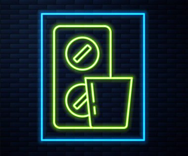 Parlayan neon çizgisi hapları tuğla duvar arka planında izole edilmiş. İlaç paketi. Tablet, vitamin, antibiyotik, aspirin. Vektör.