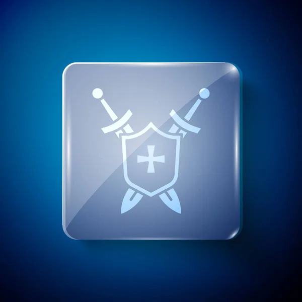 Λευκή Μεσαιωνική Ασπίδα Σταυρωμένα Σπαθιά Μπλε Φόντο Τετράγωνα Γυάλινα Πάνελ — Διανυσματικό Αρχείο