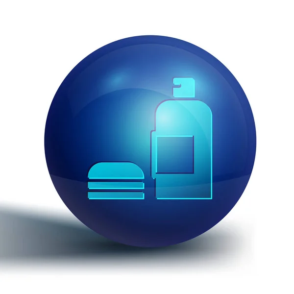 Blauwe Fles Shampoo Pictogram Geïsoleerd Witte Achtergrond Blauwe Cirkel Knop — Stockvector