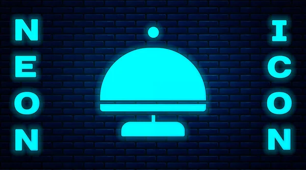 明亮的霓虹灯罩着一盘孤立在砖墙背景上的食物图标 托盘和盖子标志 有盖子的餐厅面团 — 图库矢量图片