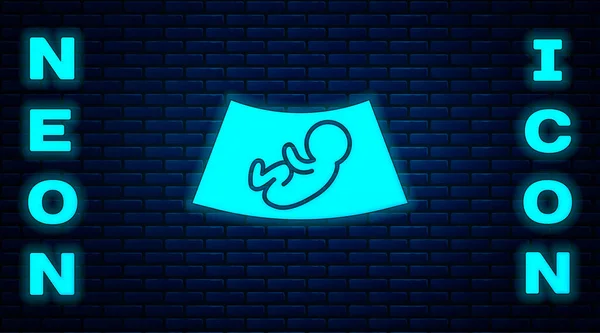 Glödande Neon Ultraljud Baby Ikon Isolerad Tegelvägg Bakgrund Ett Foster — Stock vektor
