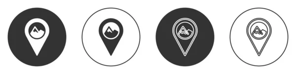 Schwarzer Kartenzeiger Mit Bergsymbol Auf Weißem Hintergrund Bergreisen Ikone Kreis — Stockvektor