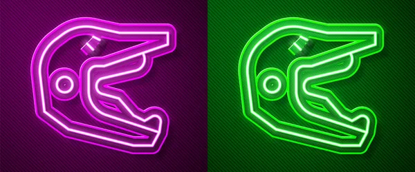 Parlak neon çizgisi Motocross kask ikonu, mor ve yeşil arka planda izole edilmiş. Vektör İllüstrasyonu.
