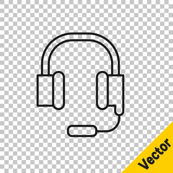 Black Line Headphones Microphone Icon Isolated Transparent Background Vector — Stock Vector