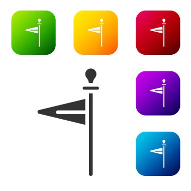 Siyah Ortaçağ bayrağı simgesi beyaz arkaplanda izole edilmiş. Bir kral ya da kraliçe tarafından yönetilen ülke, devlet ya da bölge. Renkli kare düğmelerle simgeleri ayarla. Vektör.