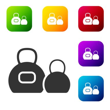 Siyah Kettlebell simgesi beyaz arkaplanda izole edildi. Spor malzemeleri. Renkli kare düğmelerle simgeleri ayarla. Vektör.