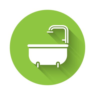 Beyaz Küvet ikonu uzun gölgeli. Yeşil daire düğmesi. Vektör.