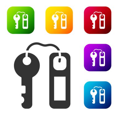 Siyah otel kapı kilidi anahtarı. Beyaz arkaplanda etiket simgesi var. Renkli kare düğmelerle simgeleri ayarla. Vektör.