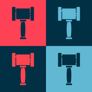Pop Art Yargıç Tokmak simgesi renk arkaplanında izole edildi. Gavel cezaların, faturaların, mahkemenin, adaletin hükmünü verecek. Açık arttırma çekici. Vektör.
