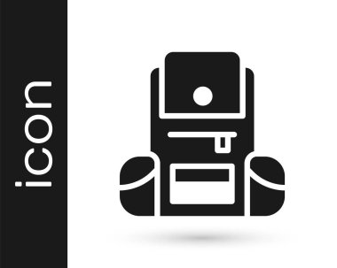 Siyah Yürüyüş sırt çantası simgesi beyaz arkaplanda izole edildi. Kamp ve dağ gezisi sırt çantası. Vektör.