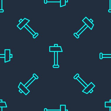 Yeşil çizgi çekiç simgesi mavi arkaplandaki kusursuz deseni izole etti. Tamir için bir araç. Vektör İllüstrasyonu.