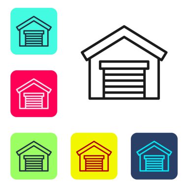 Beyaz arkaplanda siyah çizgi garaj simgesi izole edildi. Renkli kare düğmelerle simgeleri ayarla. Vektör İllüstrasyonu.