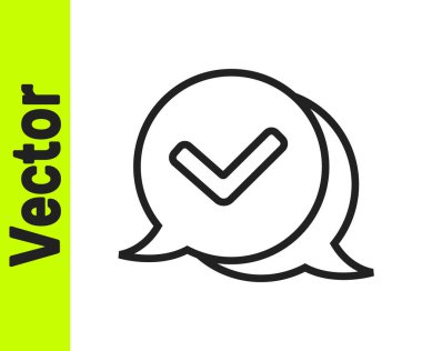 Beyaz arkaplanda izole edilmiş konuşma baloncuğu simgesindeki siyah çizgi kontrol işareti. Güvenlik, güvenlik, koruma, gizlilik kavramı. Kene izi onaylandı. Vektör.