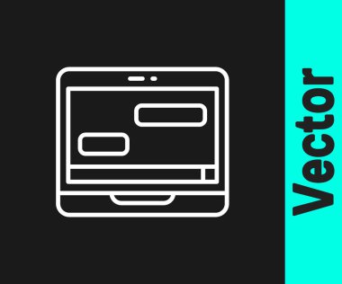 Beyaz çizgi Yeni sohbet mesajları siyah arkaplanda izole edilmiş dizüstü bilgisayar simgesi. Smartphone sohbet mesajları konuşma baloncukları. Vektör.