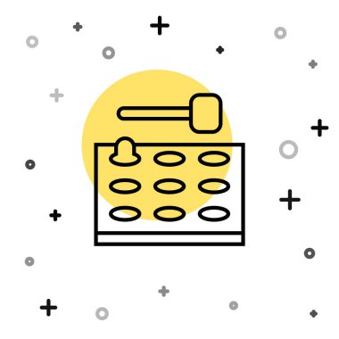 Beyaz zemin üzerinde çekiç simgesi olan siyah çizgi oyun makinesi. Lunapark eğlencesi. Rastgele dinamik şekiller. Vektör.