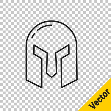 Siyah çizgi Ortaçağ demir miğferi, şeffaf arka planda izole edilmiş kafa koruma ikonu. Vektör.