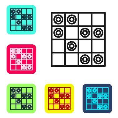 Siyah çizgi masa oyunu beyaz arkaplanda izole edilmiş Checkers simgesi. Antik entelektüel masa oyunu. Satranç tahtası. Beyaz ve siyah cipsler. Renkli kare düğmelerle simgeleri ayarla. Vektör.