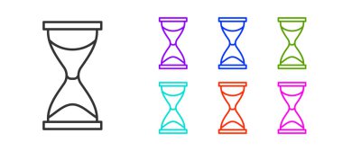 Siyah çizgi Beyaz zemin üzerinde kum ikonu akan eski kum saati. Kum saati işareti. İş ve zaman yönetimi kavramı. Simgeleri renklendirin. Vektör.